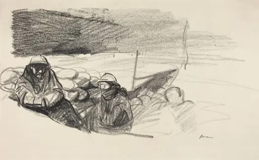 a) Two Soldiers in a Trench (recto); b) Interior with Figures Seated Behind Table (verso), by Jean-Louis Forain