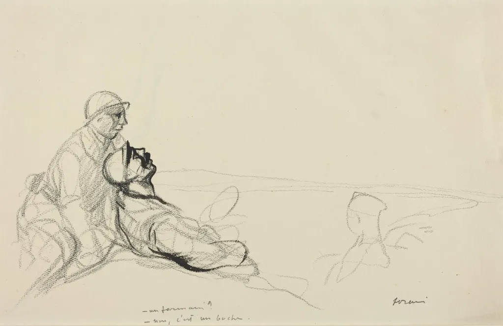 a) -Un farman? -non, c'est un boche. (recto); b) Sketch of Figure (verso), by Jean-Louis Forain, ink, 1916