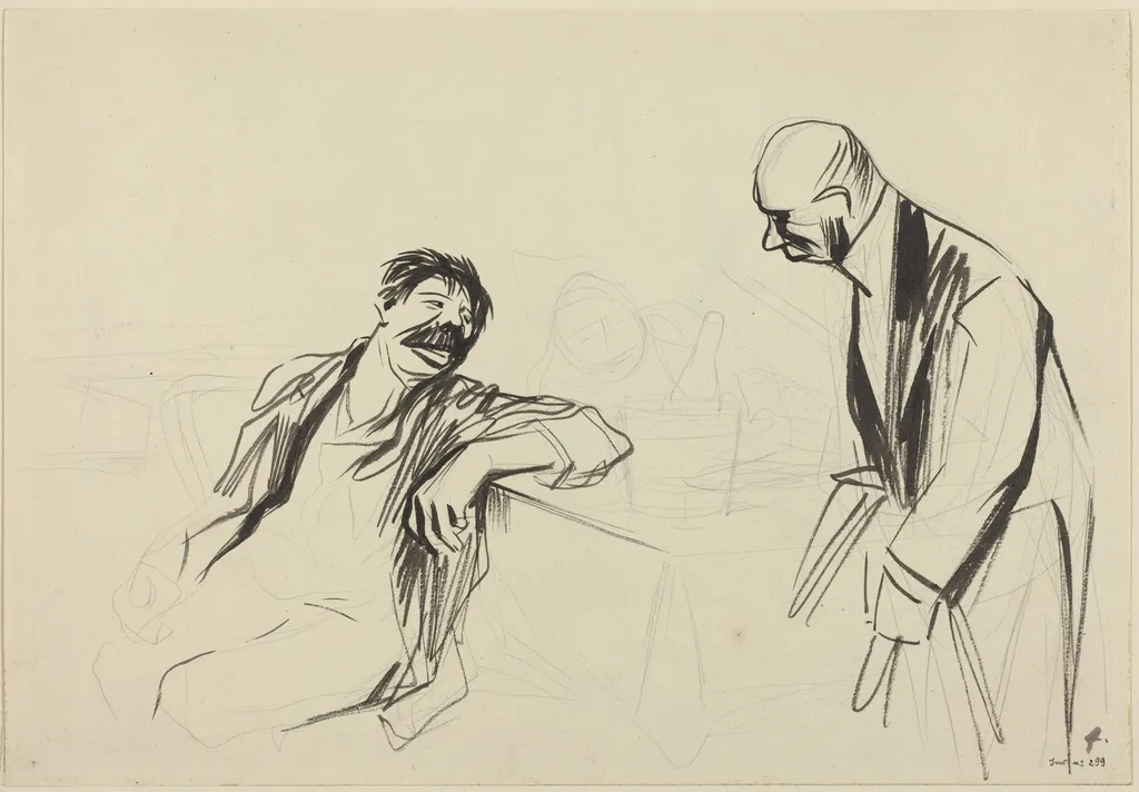 a) Waiter and Customer (recto); b) Sketch of a Man and Woman (verso), by Jean-Louis Forain, ink, 1892