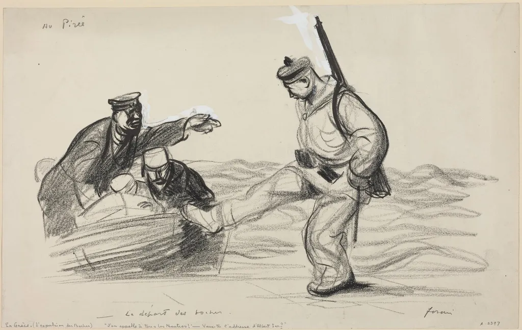 Au Pireê. -Le depart des boches., by Jean-Louis Forain, watercolor, 1916