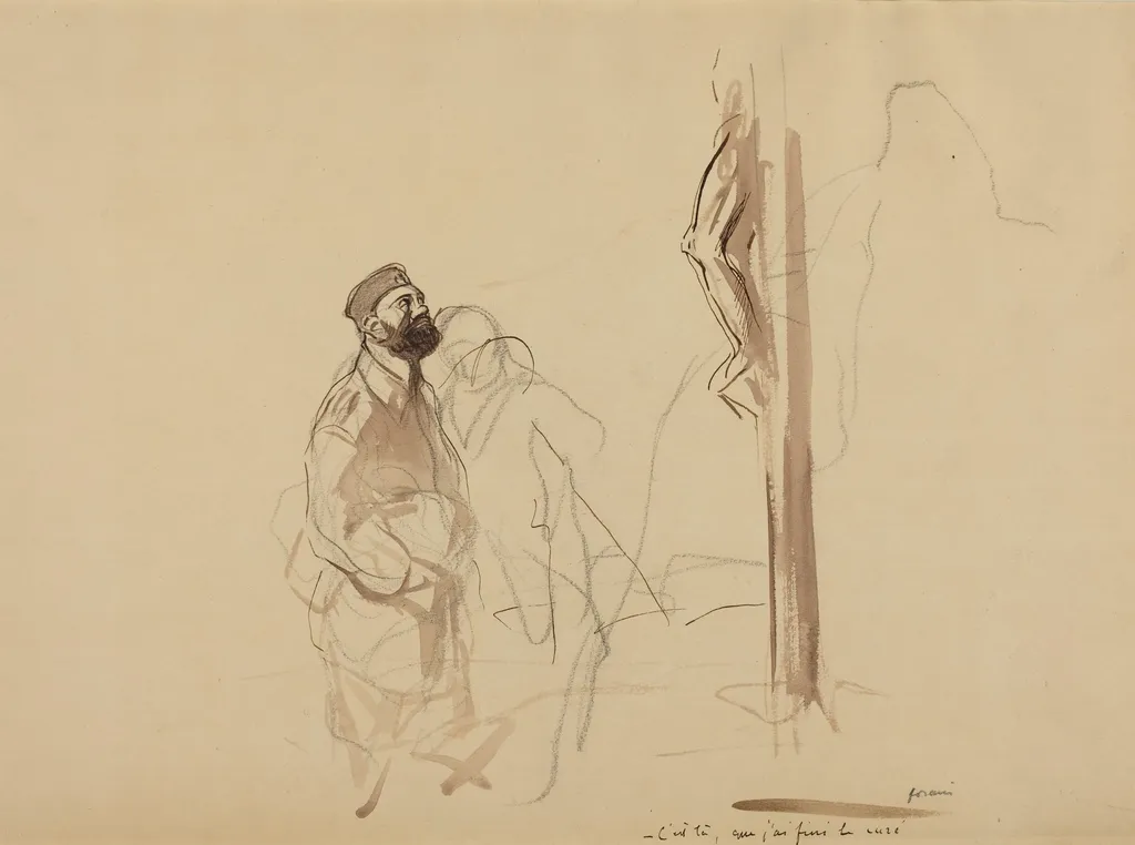C'est la, que j'ai fini le cure, by Jean-Louis Forain, ink, 1916