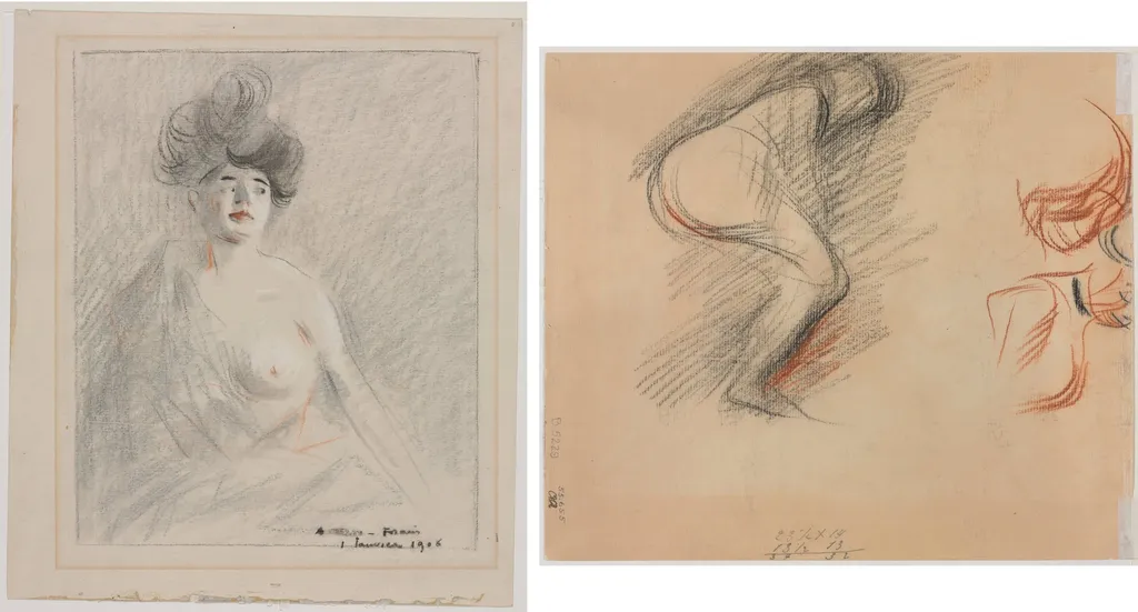 Courtesan (recto) Figure Sketches (verso), by Jean-Louis Forain, 1906