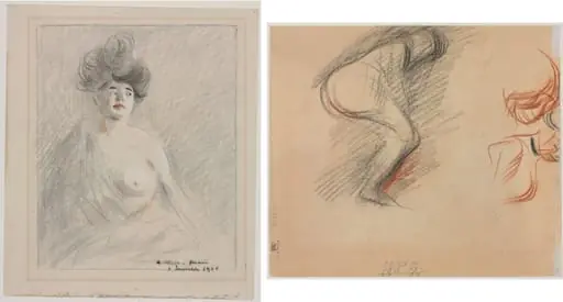 Courtesan (recto) Figure Sketches (verso), by Jean-Louis Forain