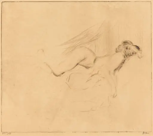 Croquis de femme nue, la tête contre l'oreiller (1ère plance) (Sketch of a Nude Woman, Her Head Against a Pillow) (1st plate), by Jean-Louis Forain