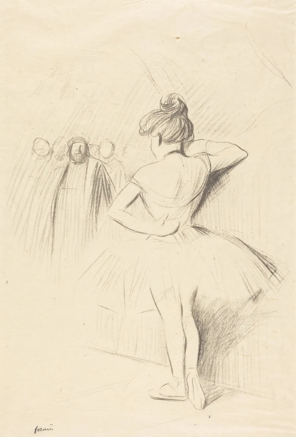 Danseuse accotée contre un portant (avec des figurants) (Dancer Leaning against an Upright (with extras)), by Jean-Louis Forain, ink, 1897