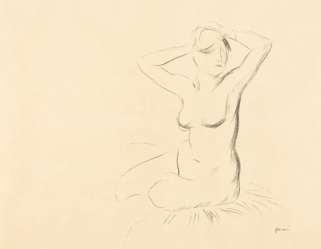 Etude de femme nue, les mains croisées au-dessous de la tête (Study of a Nude Woman, Her Hands Crossed behind Her Head), by Jean-Louis Forain, ink, 1900