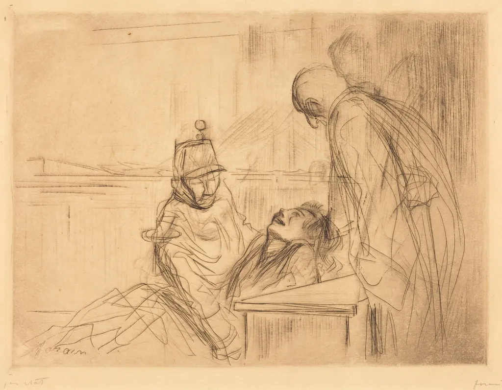 Evanouissement à l'audience (Fainting at the Hearing), by Jean-Louis Forain, ink, 1910