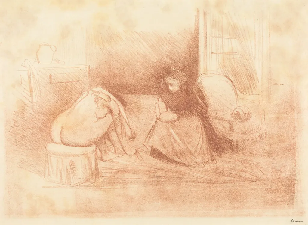 Femme à sa toilette avec sa femme de chambre (2e planche en largeur) (Woman at Her Toilette with Her Maid) (second horizontal plate), by Jean-Louis Forain, ink, 1895