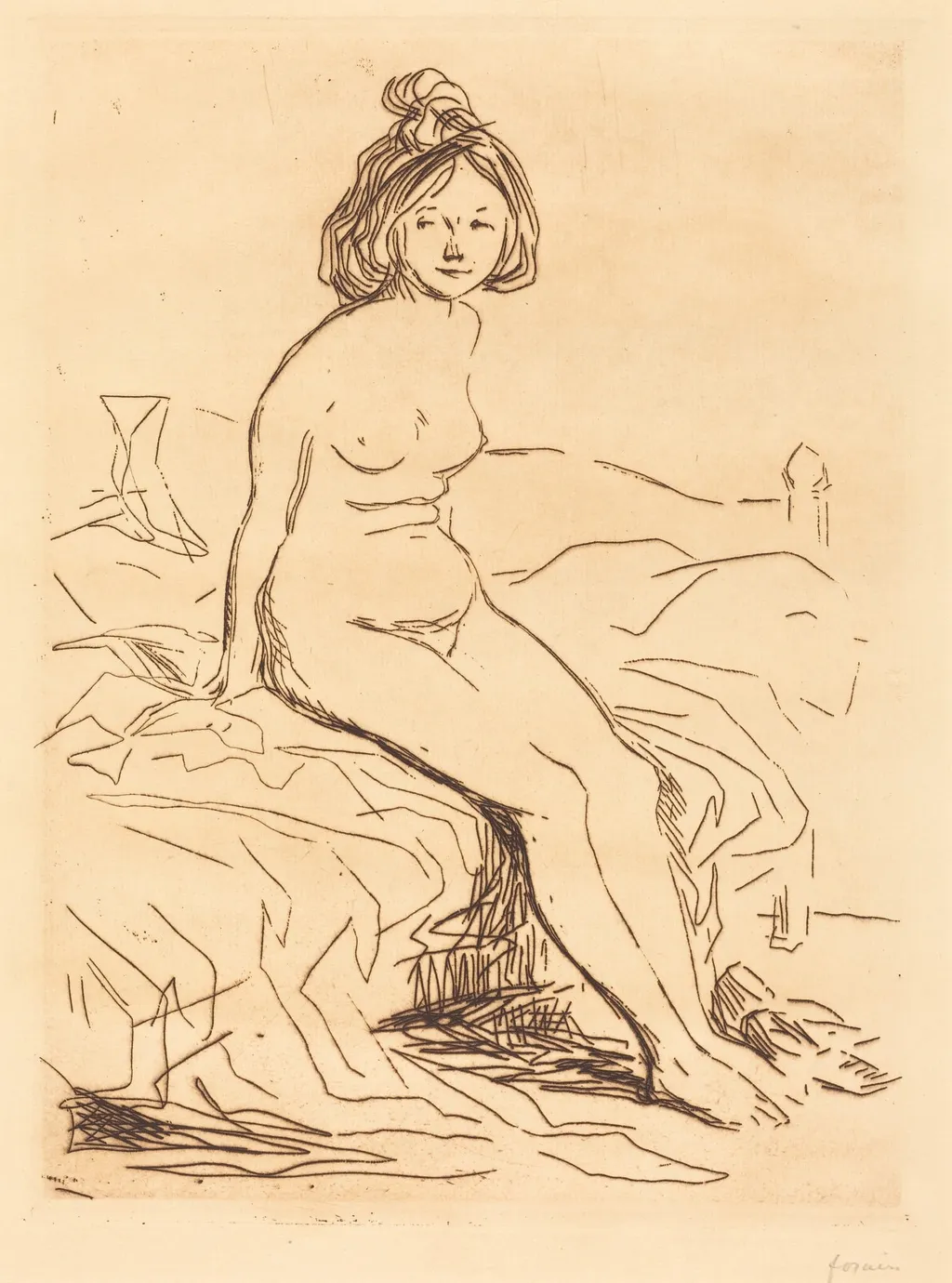 Femme nue, assise sur son lit, de face (Nude Woman, Seated on Her Bed, Front View), by Jean-Louis Forain, ink, 1909
