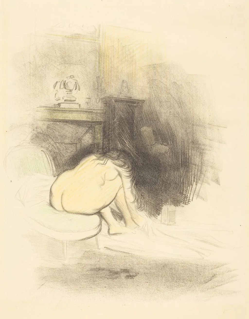 Femme nue, s'essuyant les pieds (planche en hauteur) (Nude Woman Drying Her Feet) (vertical plate), by Jean-Louis Forain, crayon, 1895