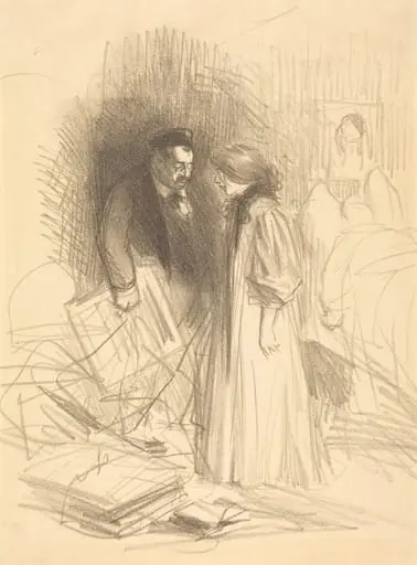 "J'ose pas encore aller le décrocher...ça lui fera trop de peine." ("I don't dare take them down...it would hurt him too much."), by Jean-Louis Forain