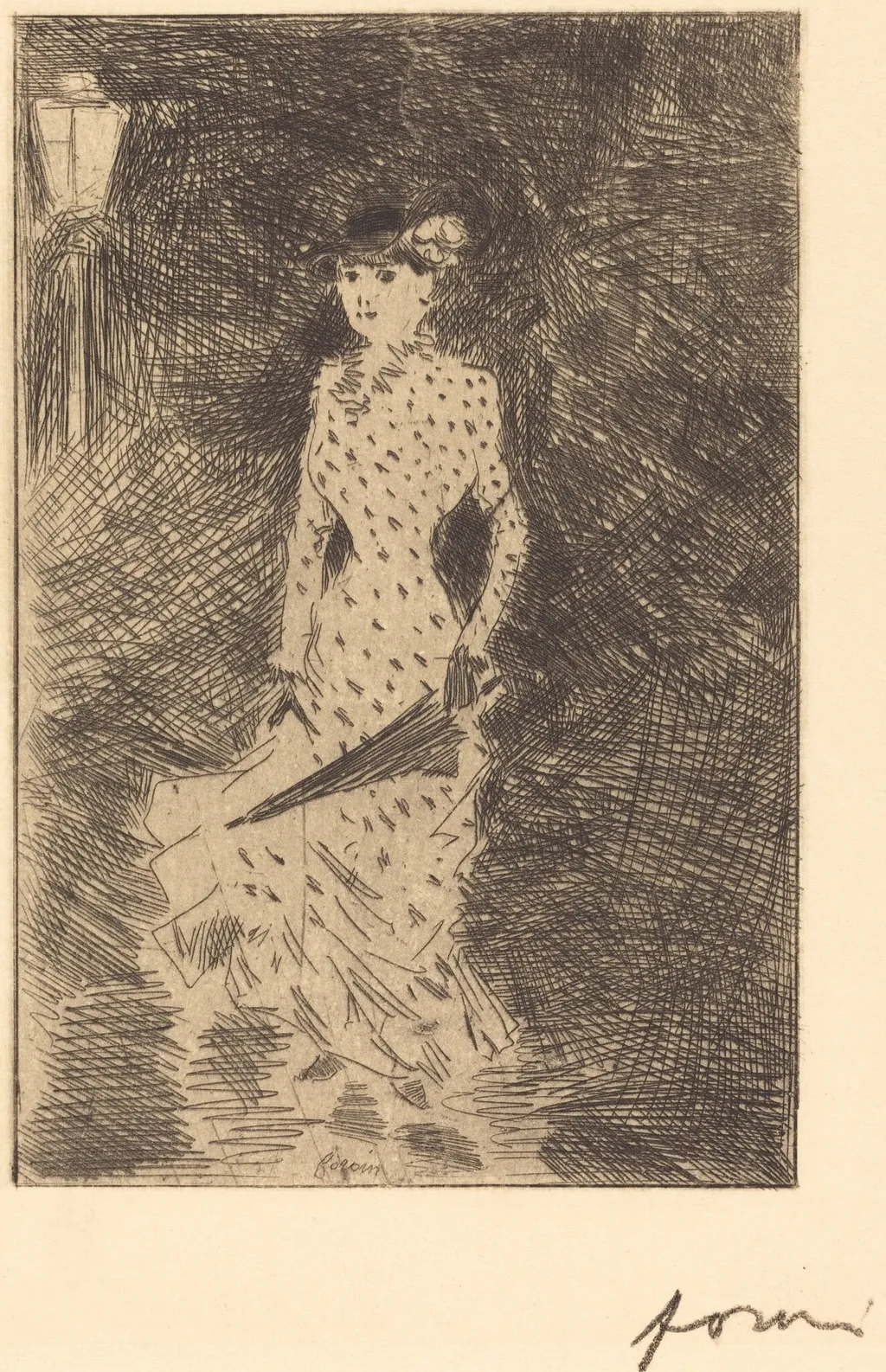 L'ambulante au parapluie (Walker with an Umbrella), by Jean-Louis Forain, ink, 1880