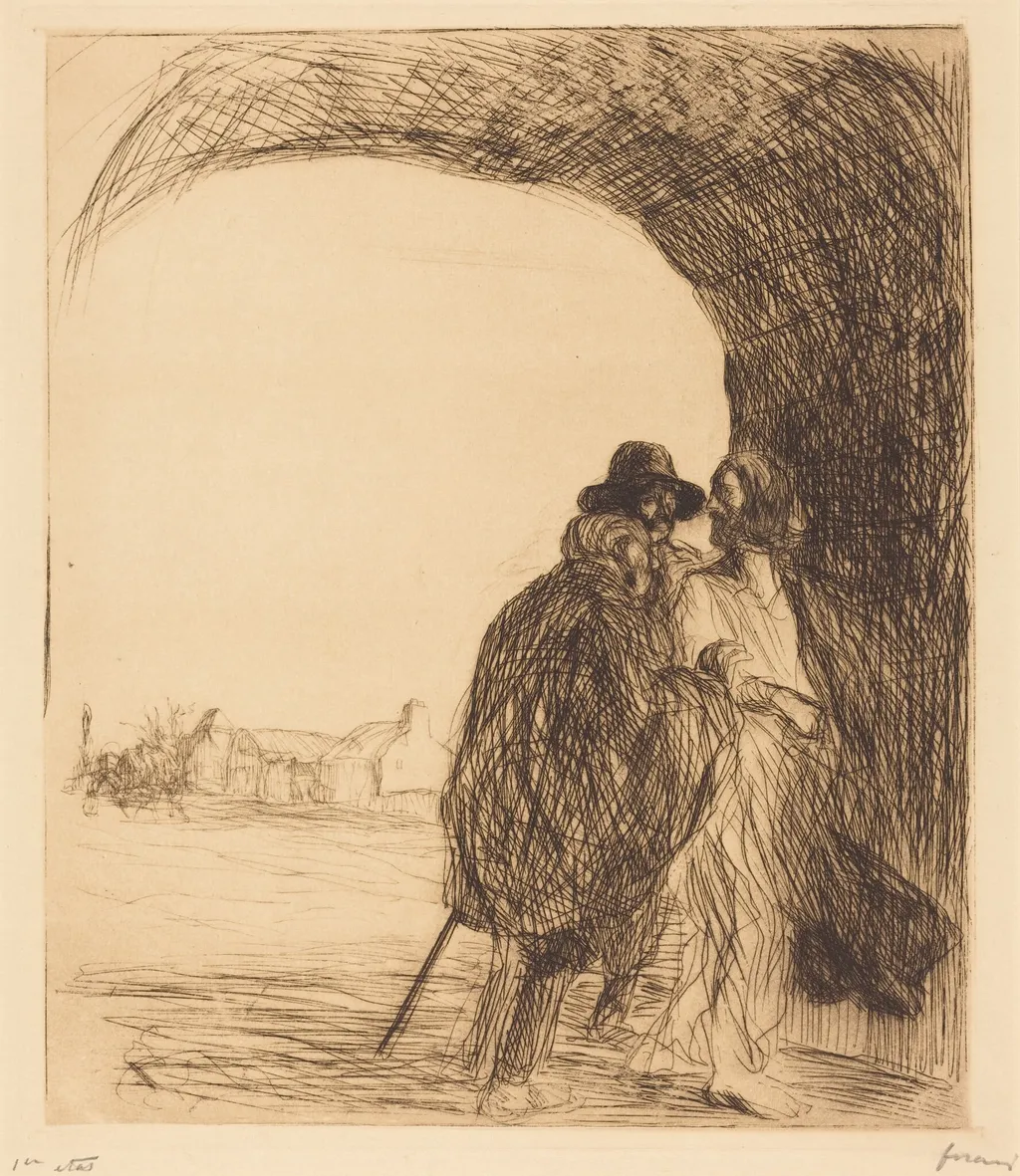 La rencontre sous la voute (3e planche) (The Meeting under the Arch) (third plate), by Jean-Louis Forain, ink, 1910