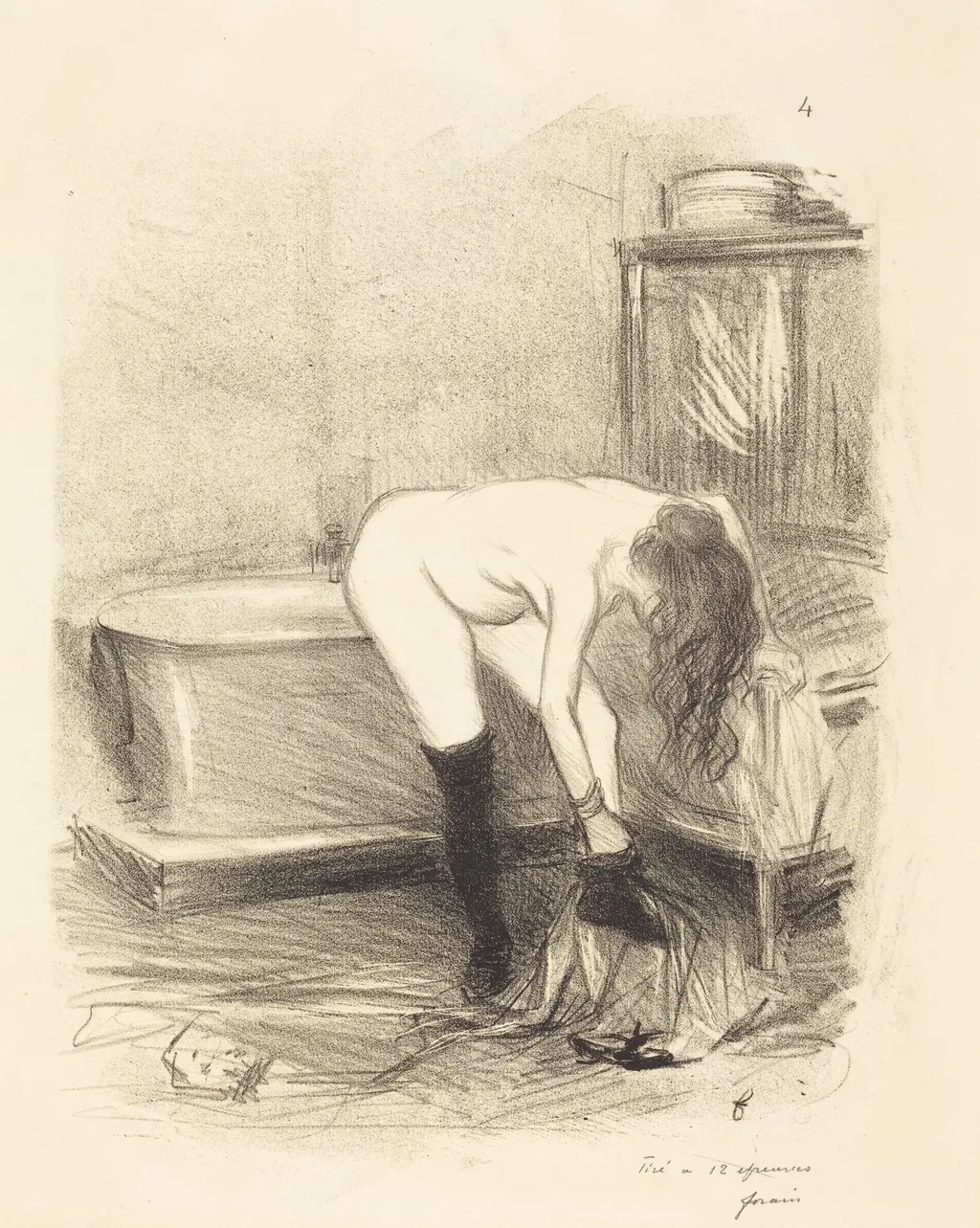 Le bain (planche en hauteur) (The Bath) (vertical plate), by Jean-Louis Forain, ink, 1896