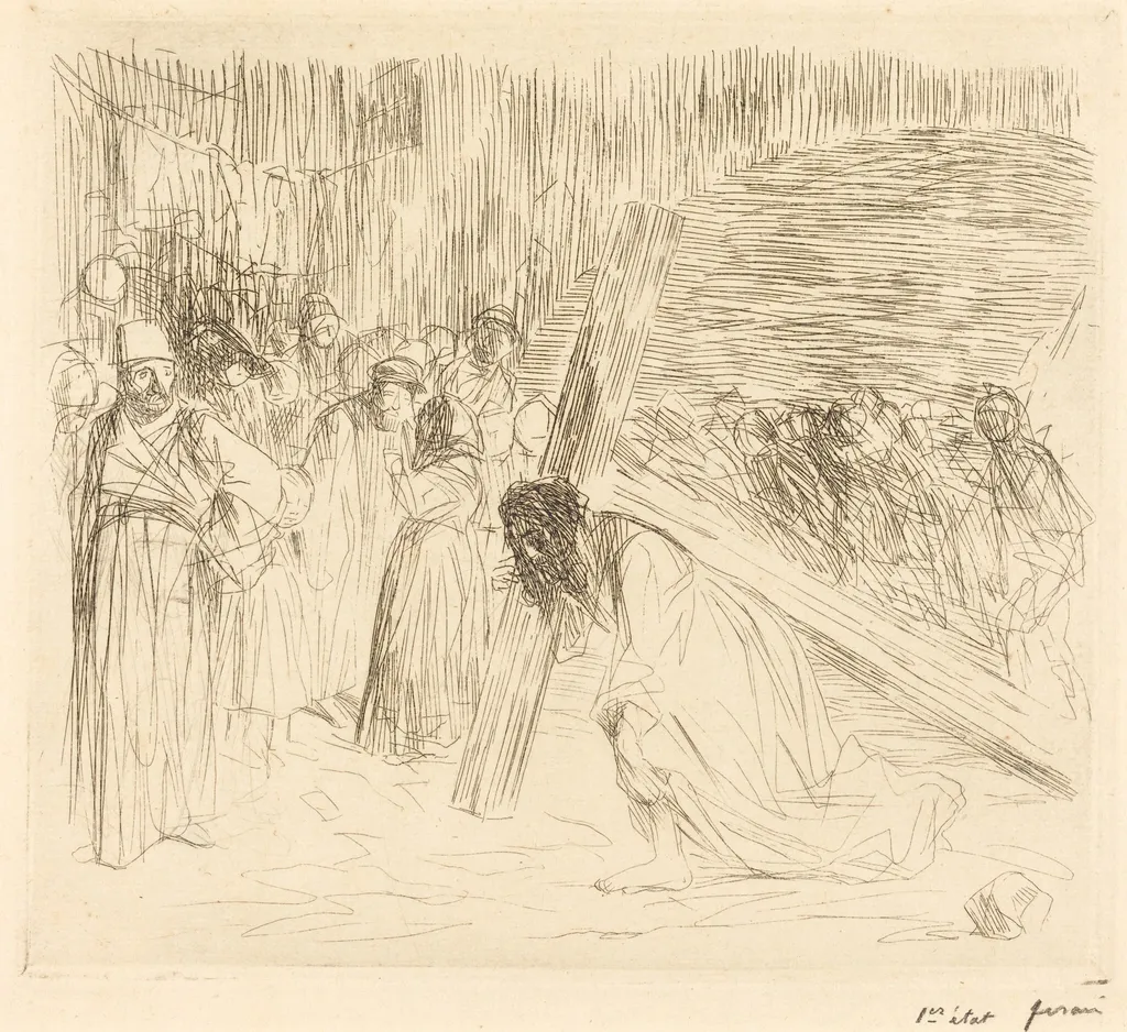 Le Christ portant sa croix (5e planche) (Christ Carrying the Cross) (fifth plate), by Jean-Louis Forain, ink, 1910