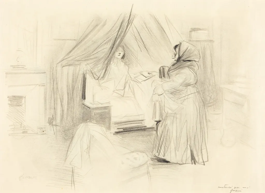 Le petit déjeuner (planche en largeur) (Breakfast) (horizontal plate), by Jean-Louis Forain, ink, 1895