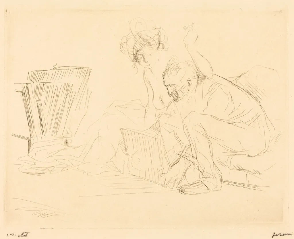 Le repos du modèle (2e planche) (The Model's Rest) (second plate), by Jean-Louis Forain, ink, 1909