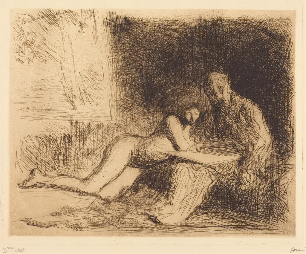 Le repos du modèle (4e planche) (The Model's Rest) (fourth plate), by Jean-Louis Forain, ink, 1909