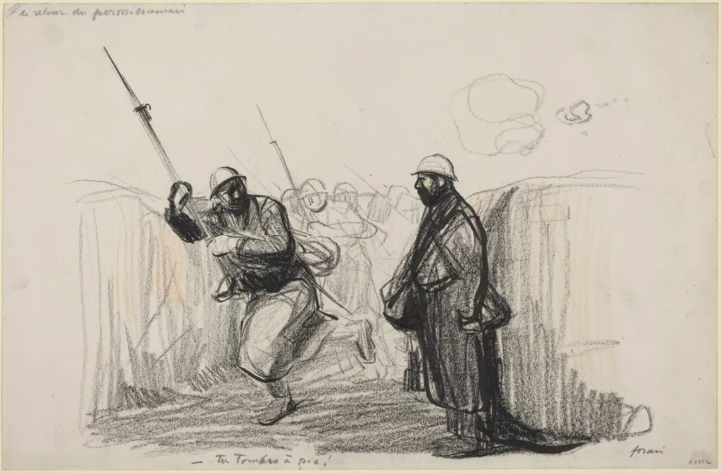 Le retour du permissionnaire. -Tu Tombes a pie!, by Jean-Louis Forain, ink, 1916