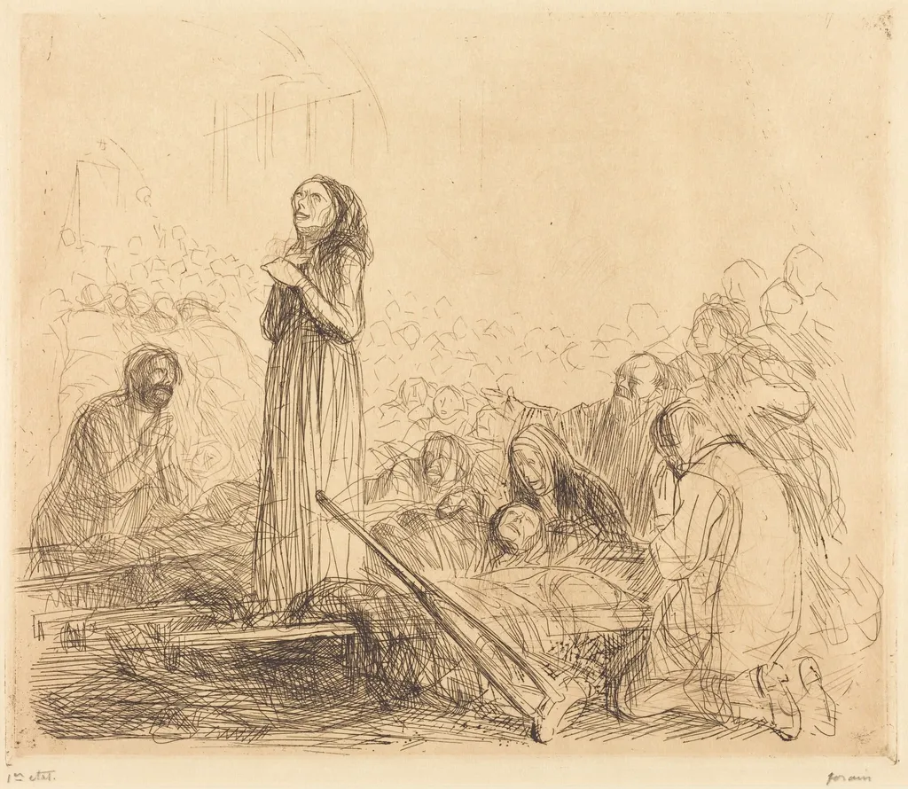 Lourdes, la miraculée (1ère planche) (Lourdes, the Miracle) (first plate), by Jean-Louis Forain, ink, 1912