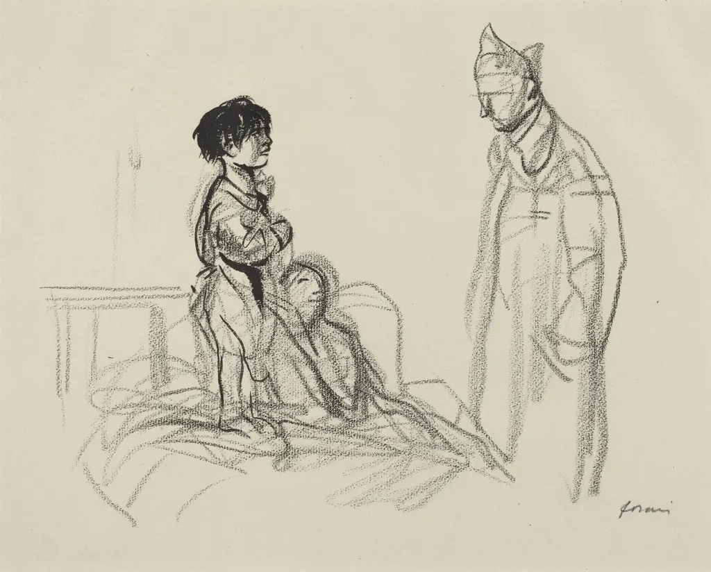 Mother and Child Visited by Soldier in Hospital, by Jean-Louis Forain, ink, 1916