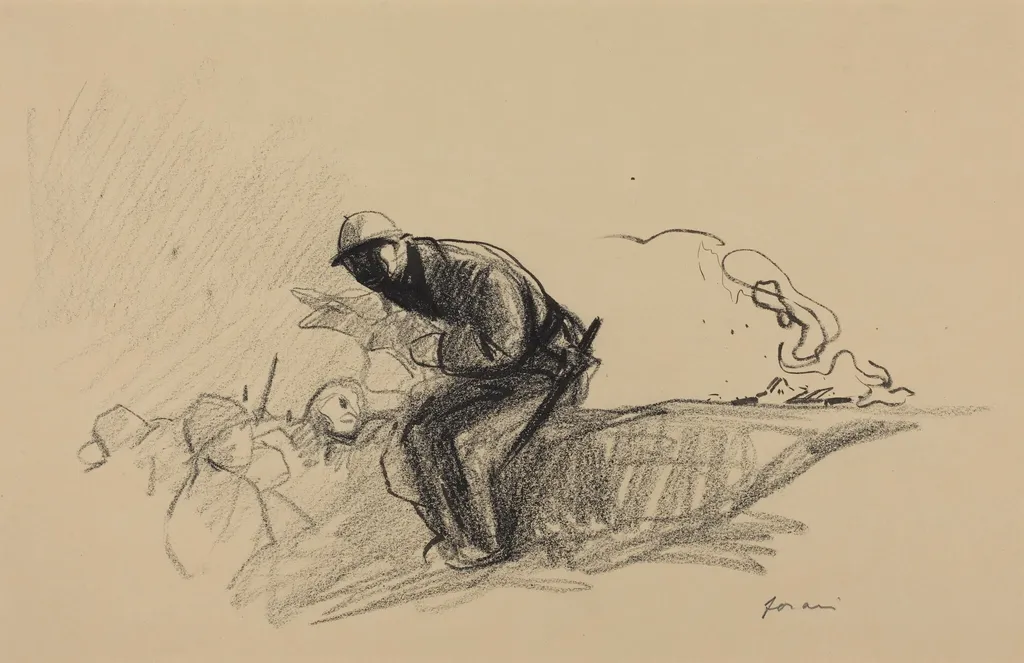 News in the Trenches, by Jean-Louis Forain, ink, 1916
