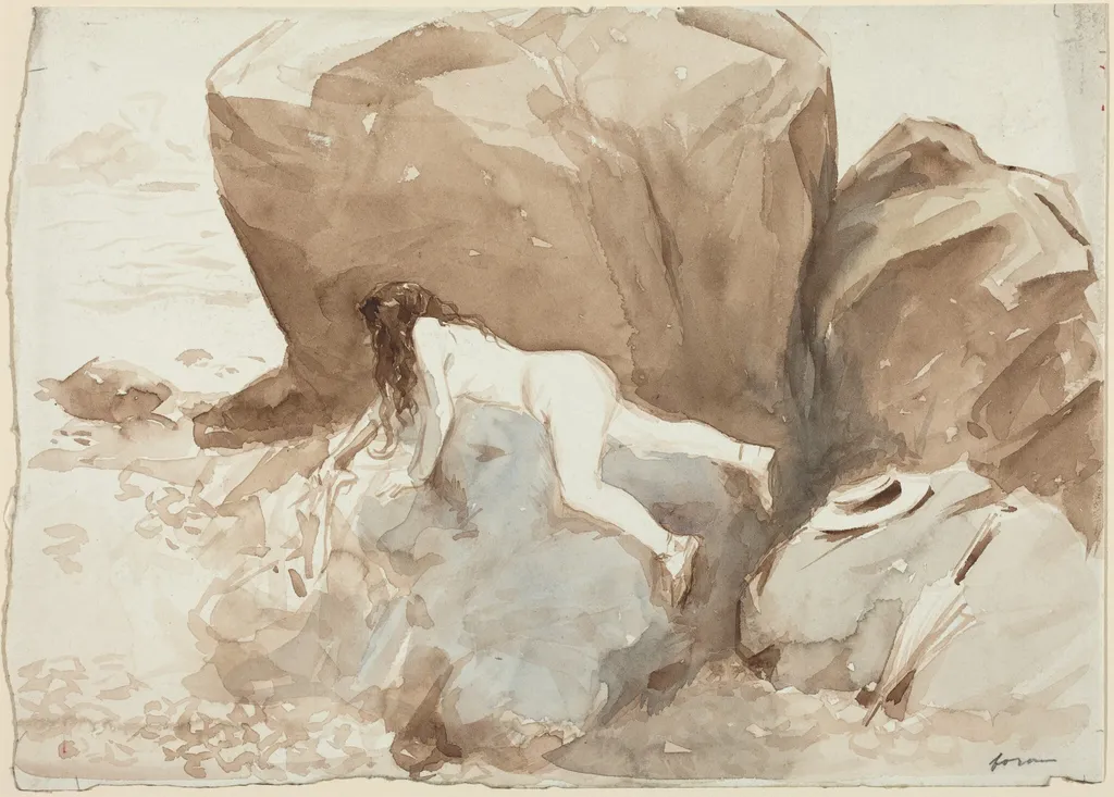 Nude on Rocks, by Jean-Louis Forain, watercolor, 1892
