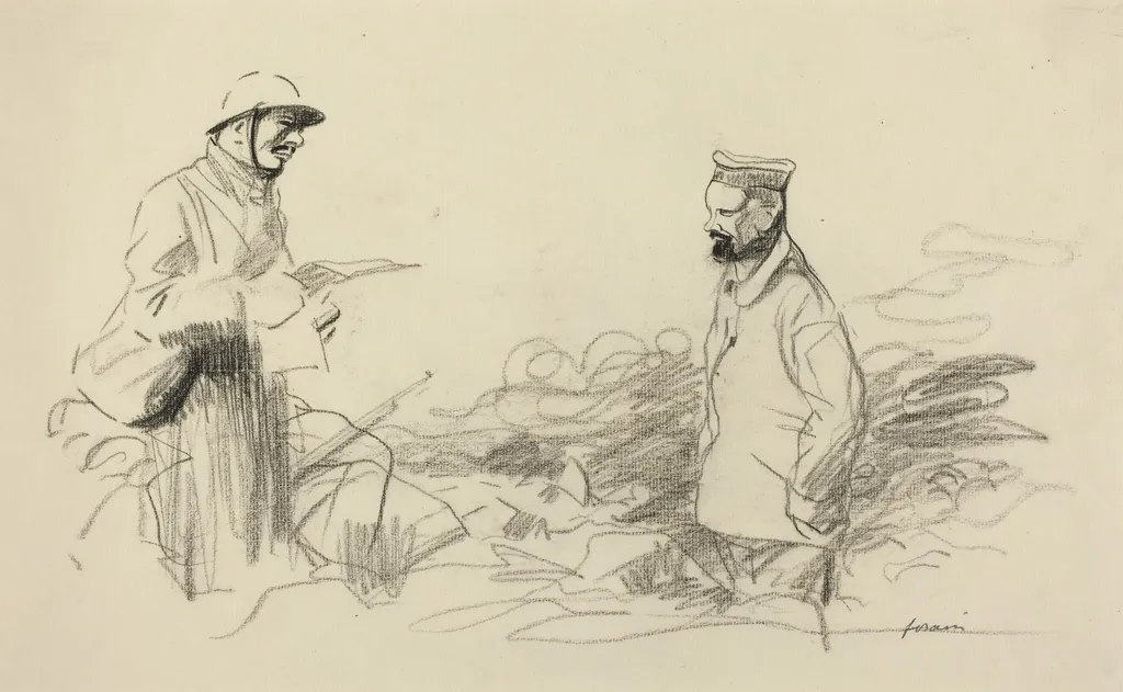 Poilu Acknowledging German Soldier, by Jean-Louis Forain, crayon, 1918