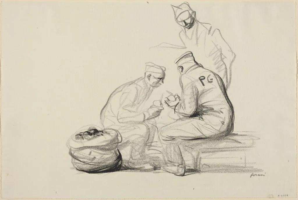 Poilu and German Prisoners, by Jean-Louis Forain, crayon, 1916