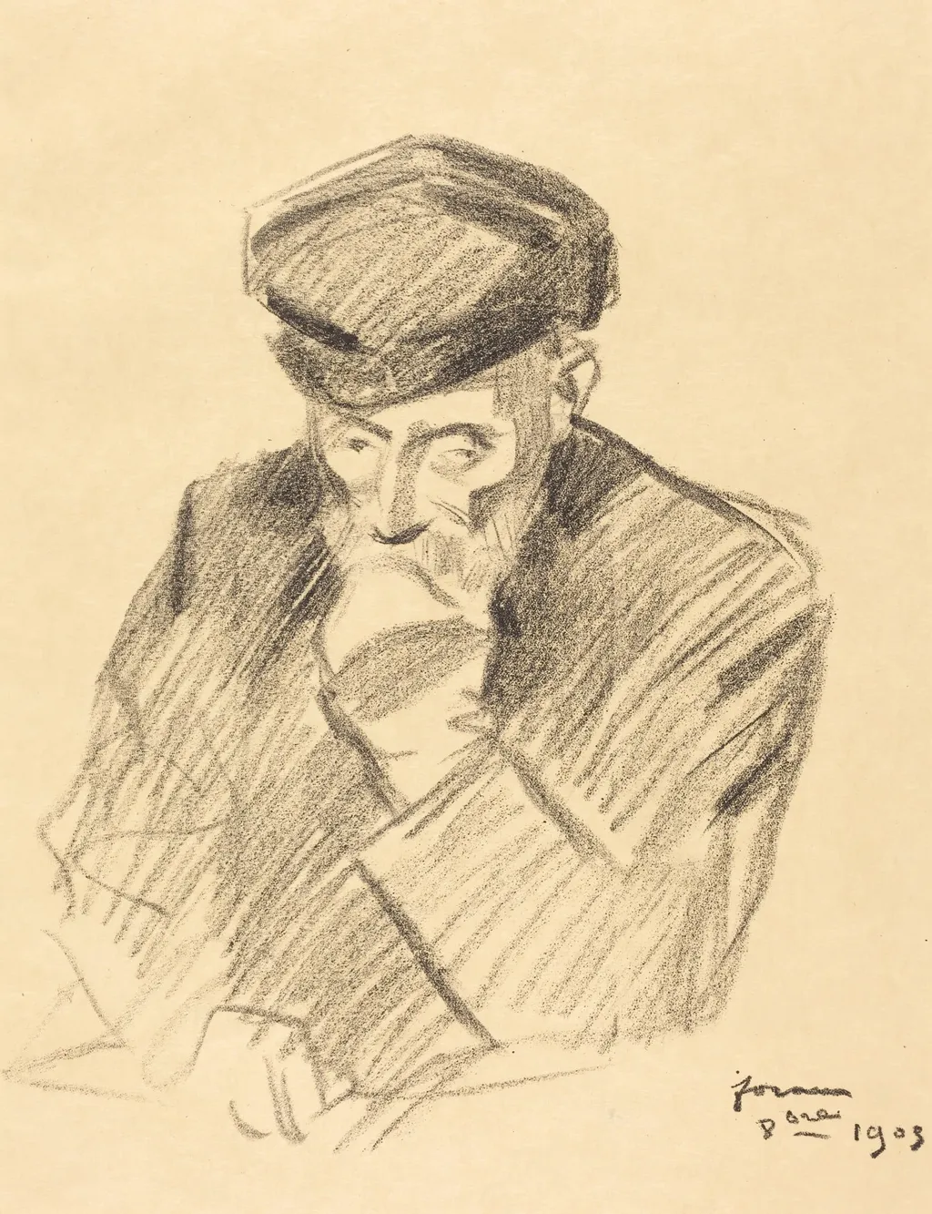 Portrait de Renoir (4e planche) (Portrait of Renoir) (fourth plate), by Jean-Louis Forain, ink, 1905