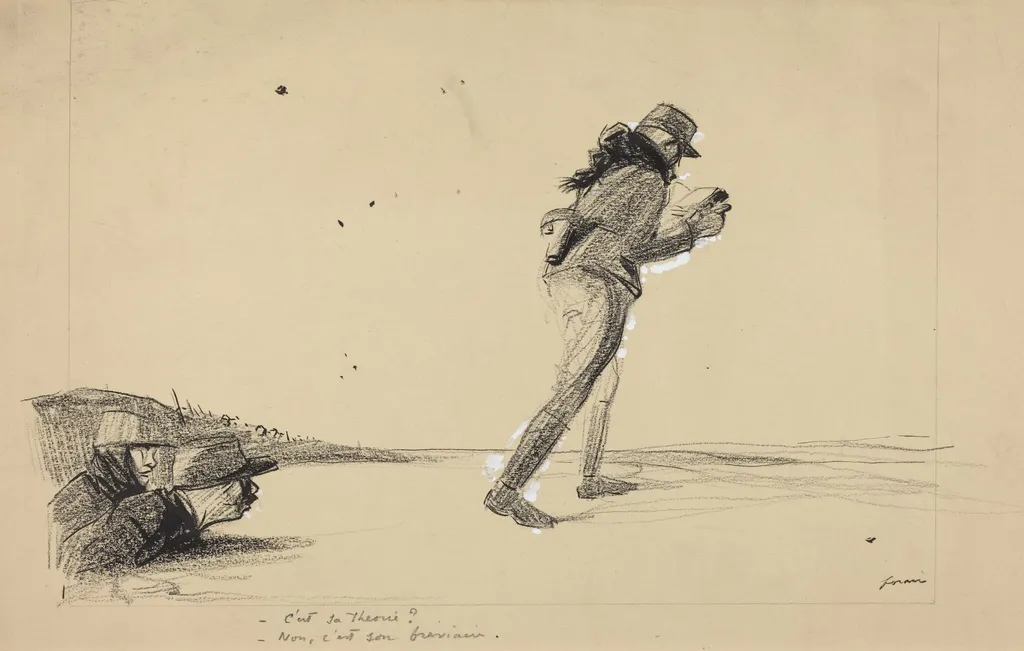 Sur le Front. -C'est sa theorie? -Non, c'est son breviaire., by Jean-Louis Forain, watercolor, 1916