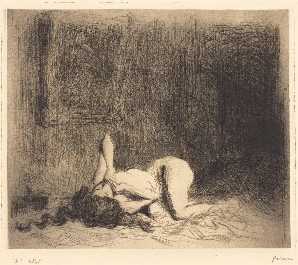 Sur le lit (On the Bed), by Jean-Louis Forain, ink, 1909