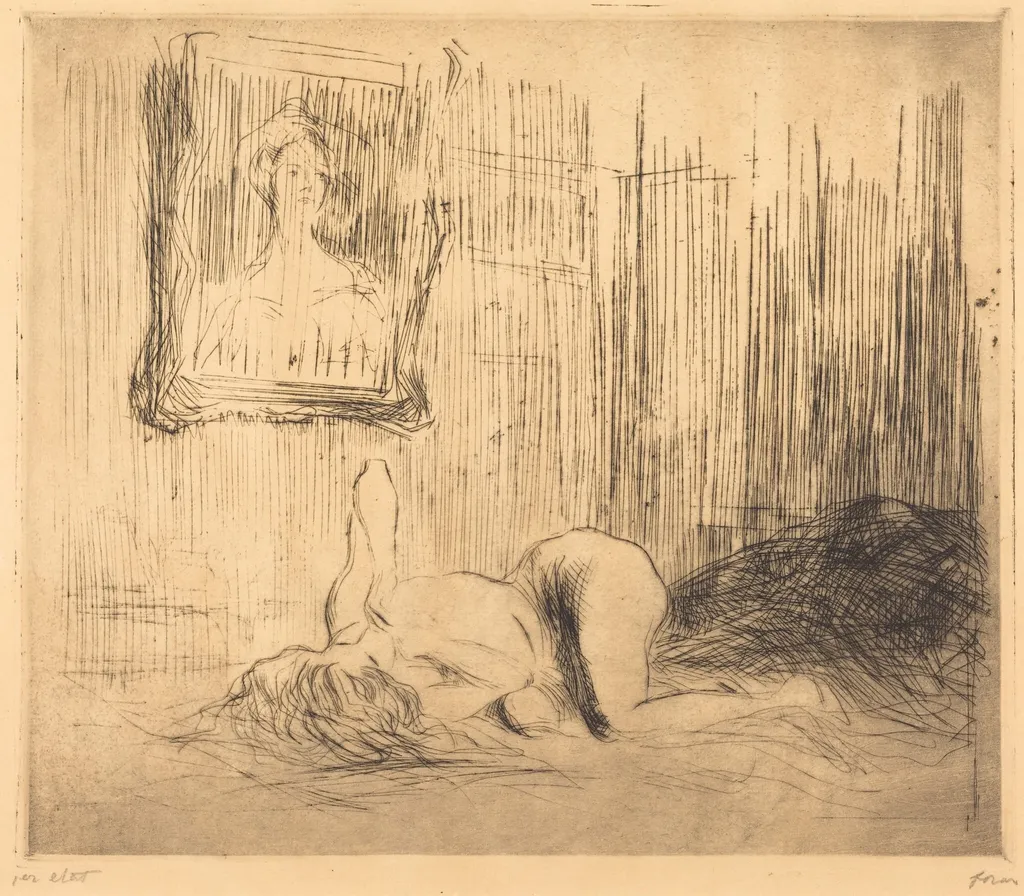 Sur le lit (On the Bed), by Jean-Louis Forain, ink, 1909