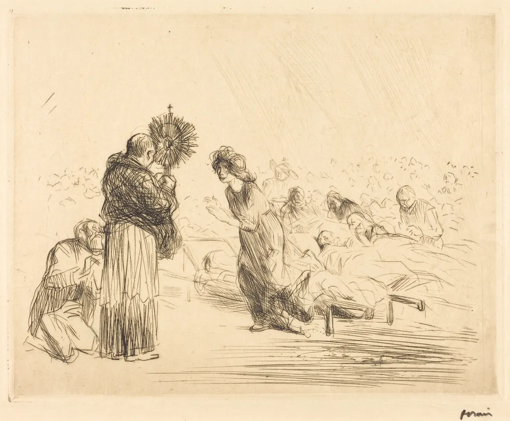 The Miracle before the Blessed Sacrament (fourth plate), by Jean-Louis Forain, ink, 1912