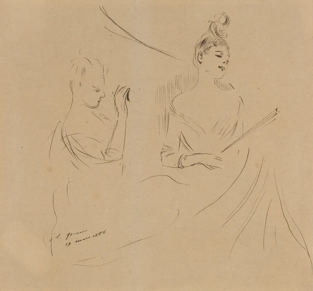 Two Ladies in a Loge, by Jean-Louis Forain, ink, 1886