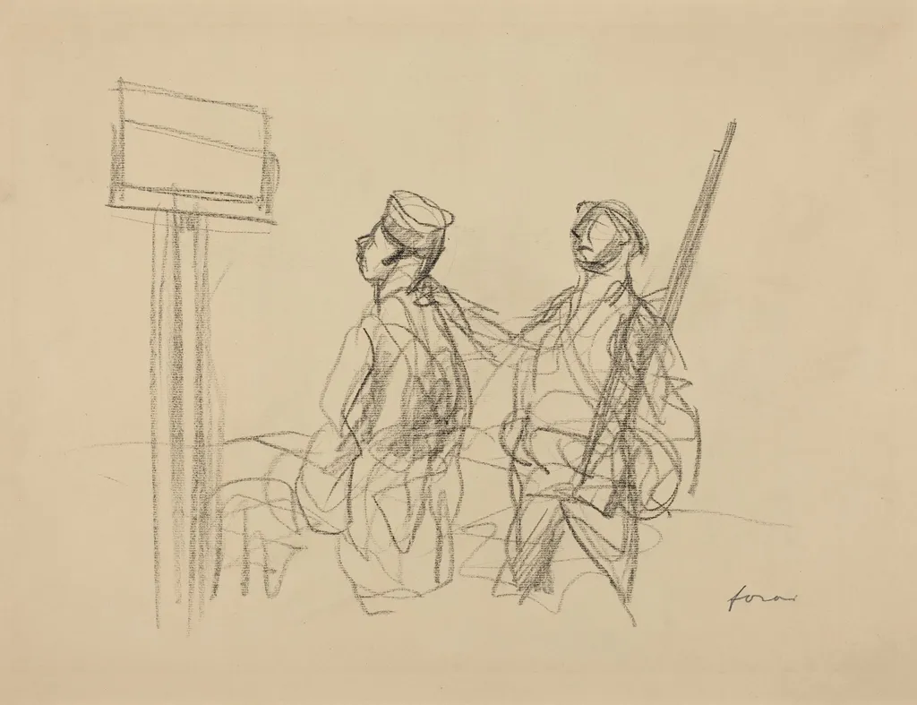 Two Soldiers Looking at a Placard, by Jean-Louis Forain, crayon, 1918