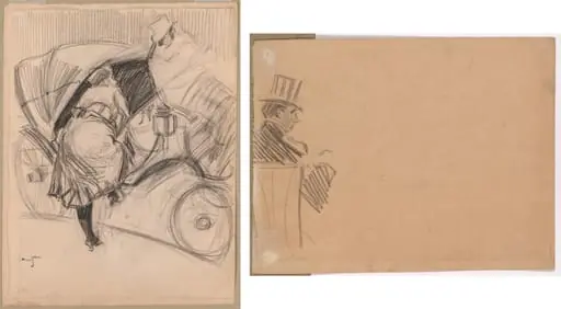 Woman Entering a Fiacre (recto); Right Profile of Man Wearing Tall Hat (verso), by Jean-Louis Forain