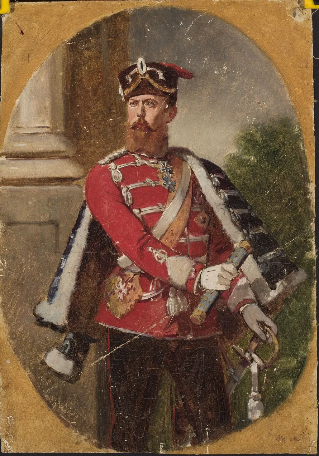 Portrait of a man in the uniform of the Imperial Guard hussar officer, by Jean Lulves, oil, 1871