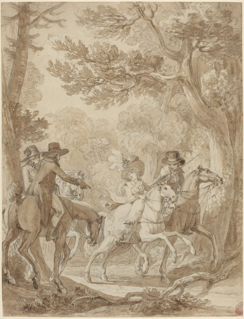 Lady and Gentlemen Riding in a Park, by Jean-Michel the Younger Moreau, ink, 1778