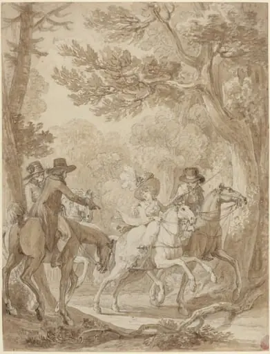 Lady and Gentlemen Riding in a Park, by Jean-Michel the Younger Moreau