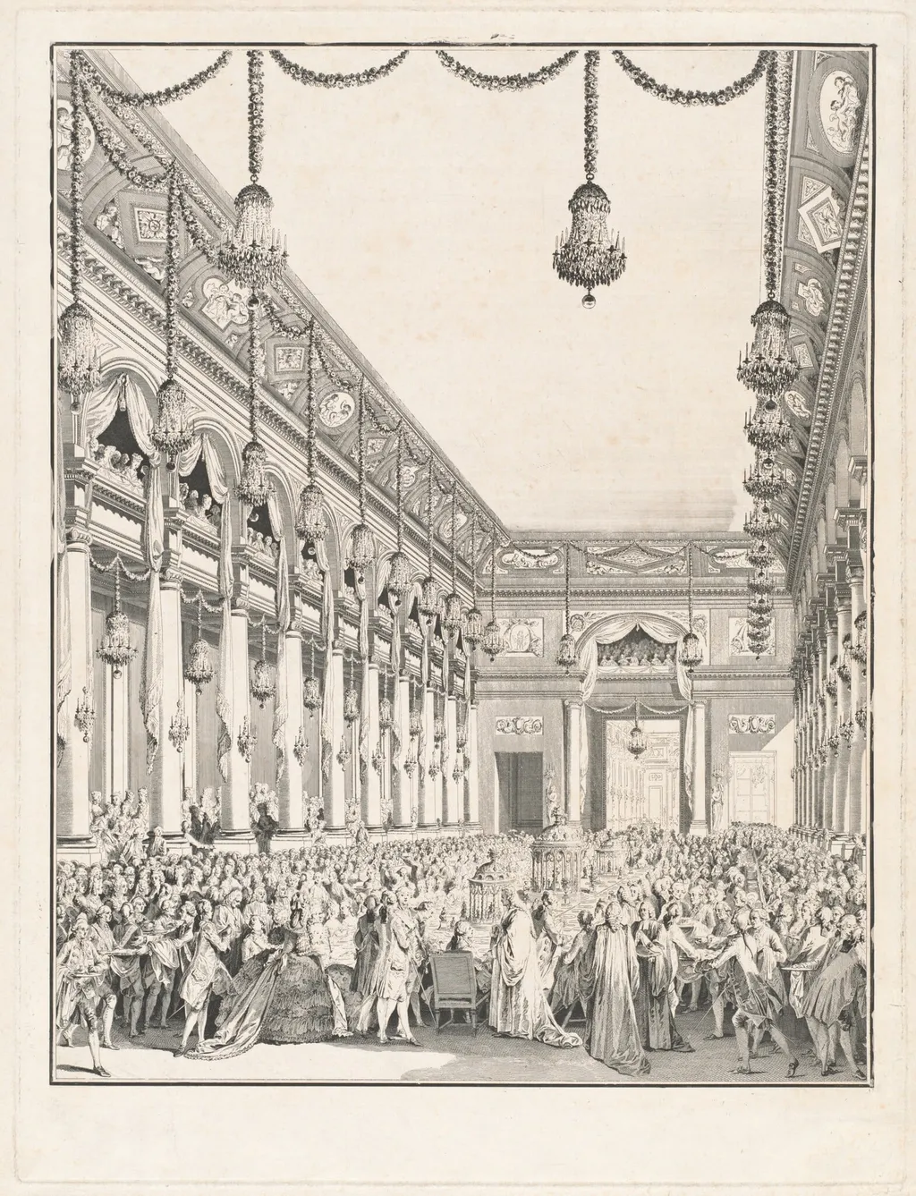Le festin royal - Fête donnée à l'occasion de la naissance de Monseigneur le Dauphin, 21 janvier 1782, by Jean-Michel the Younger Moreau, ink, 1782