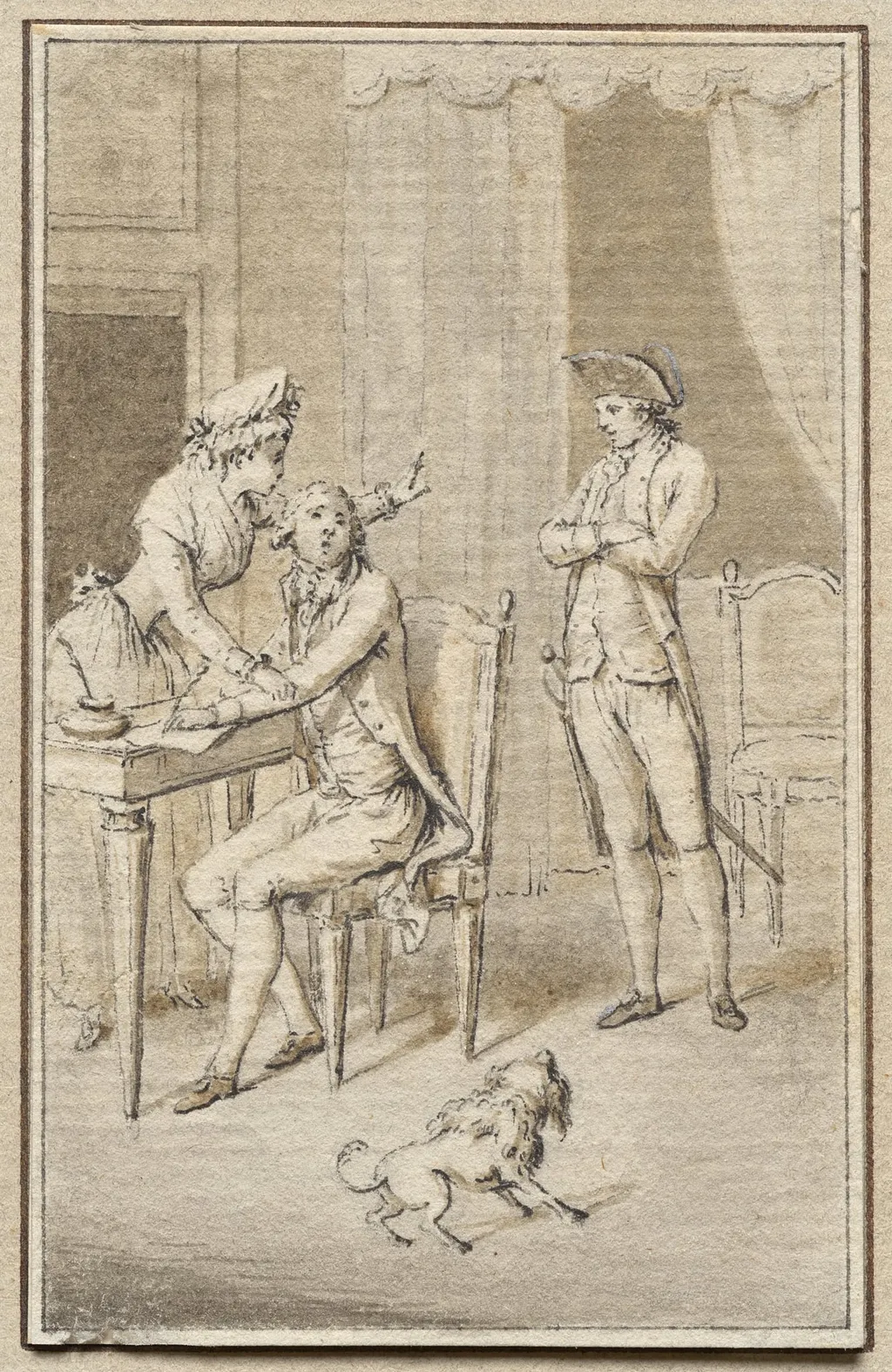 Three Figures with a Dog, by Jean-Michel the Younger Moreau, 1804
