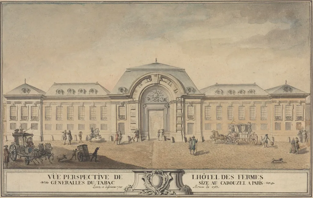 View of the Hôtel des Fermes Générales du Tabac, by Jean-Michel the Younger Moreau, ink, 1763