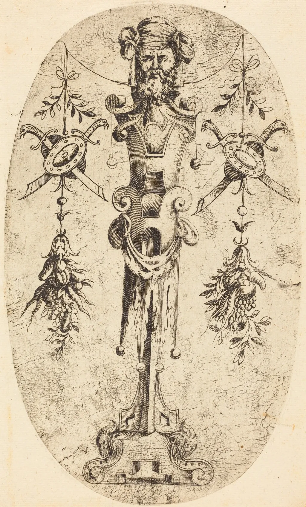 Bearded Head on a Pedestal, by Jean Mignon, ink