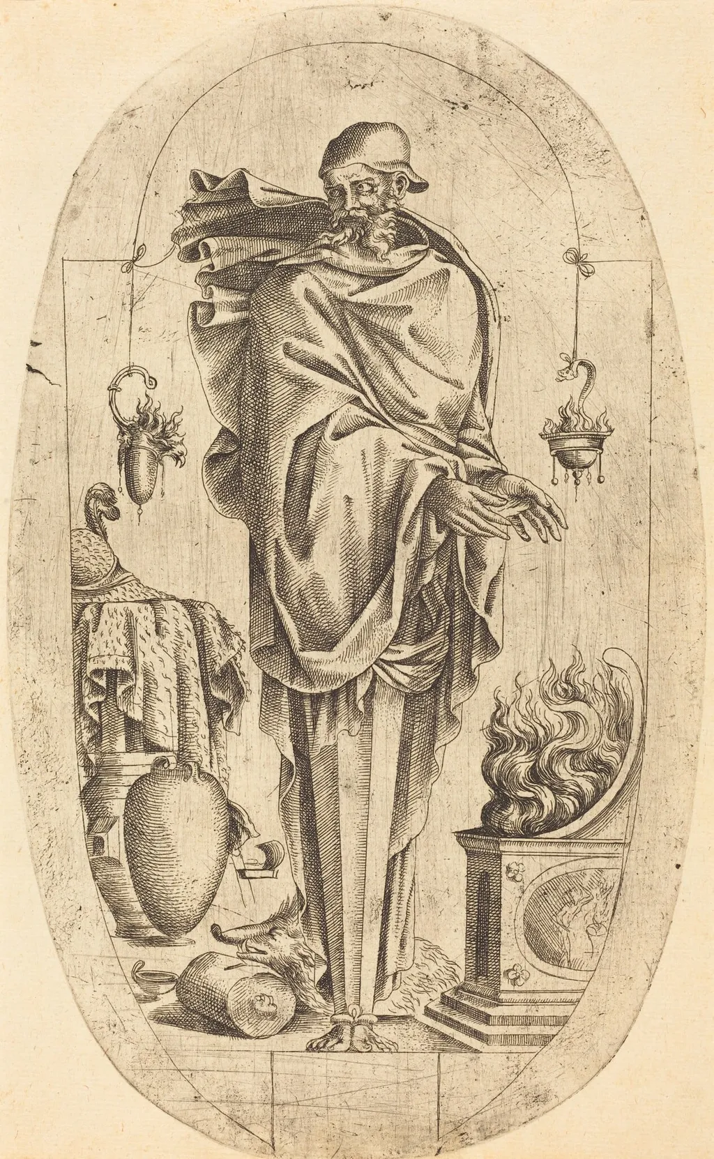 Old Man Warming His Hands, by Jean Mignon, ink