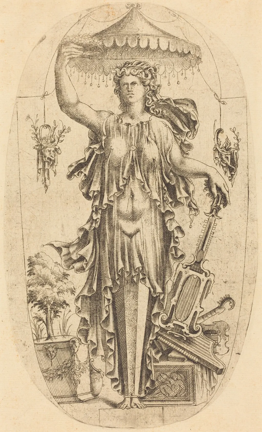 Woman with Musical Instrument, by Jean Mignon, ink