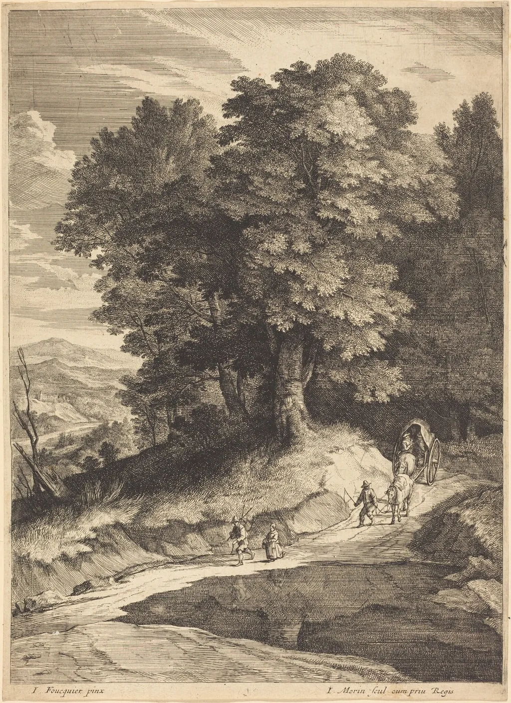 Edge of a Wood with Travelers in a Carriage, by Jean Morin, ink, 1625