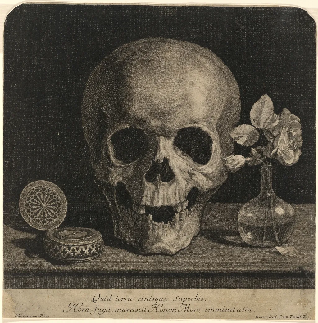Still Life with a Skull and a Vase of Roses, by Jean Morin, ink, 1648
