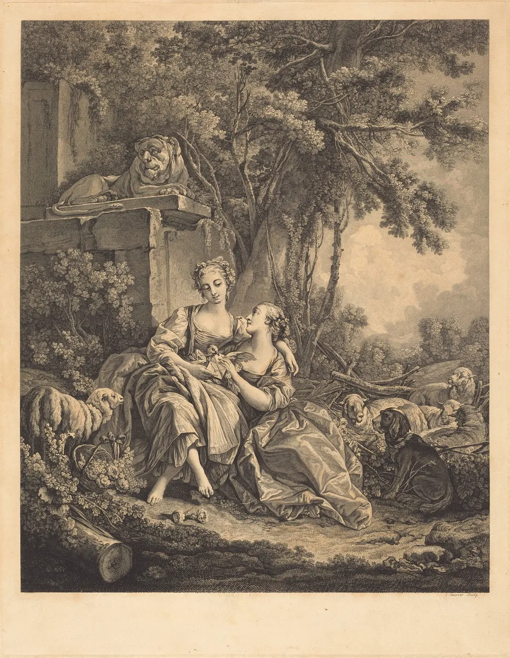 Les deux confidantes, by Jean Ouvrier, ink, 1761