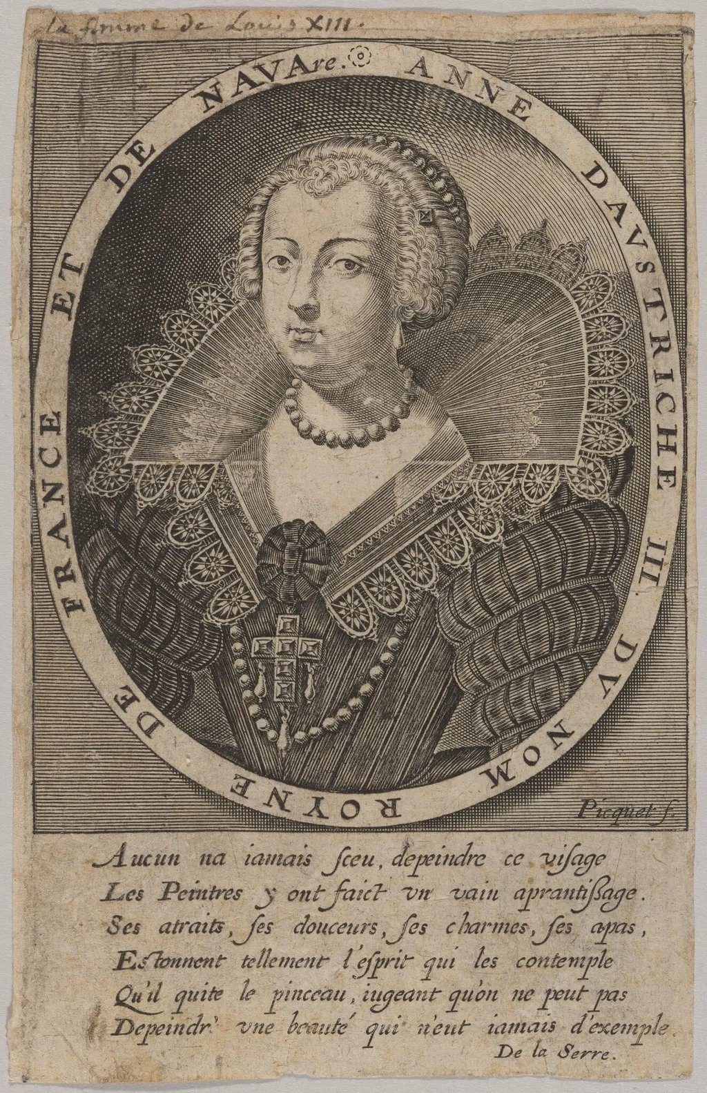 Anne of Austria, Wife of Louis XIII, by Jean Picquet, ink, 1635